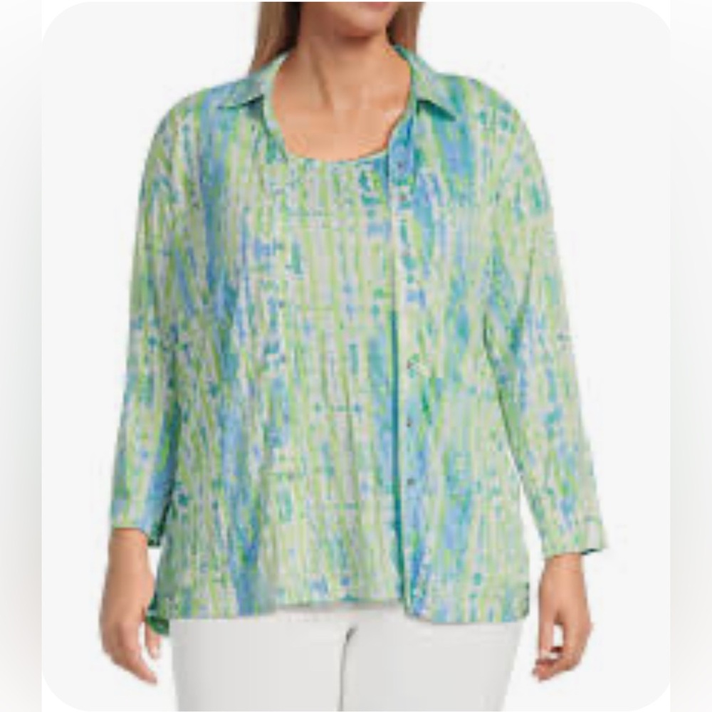 Ali Miles Plus 2X Crinkle Woven Abstract Stripe Button-Up Shirt & Tank Set